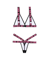 a black and pink bikini set with a pink thong