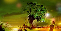 a girl is looking at a tiger in the grass