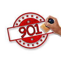 a hand is holding a red stamp with the word 901 on it
