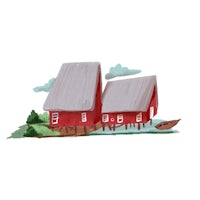 two red barns with a boat in the background