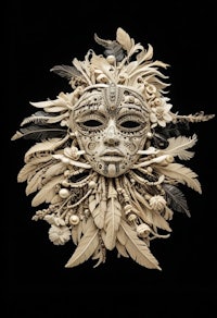 a wooden mask with feathers and leaves on a black background