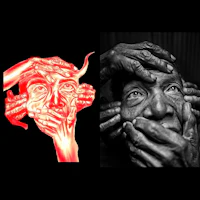 a black and white photo of a man with his hands covering his face