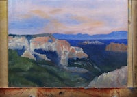 a painting of a cliff with mountains in the background