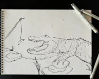 a drawing of a crocodile with a fishing rod