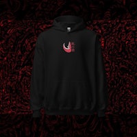 a black hoodie with a red logo on it