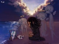 a girl is sitting on the beach with a picture of angels