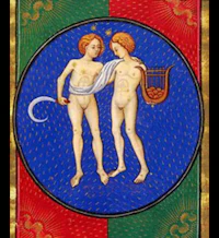 an illustration of two naked men holding a harp