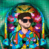 a stained glass image of a man in sunglasses