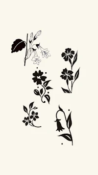 a set of black and white flowers on a white background