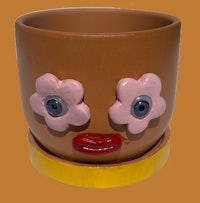 a brown flower pot with a face on it