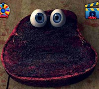 a piece of bread with eyes on it