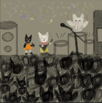 a drawing of a cat with a microphone in front of a crowd