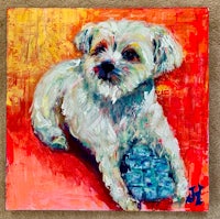 a painting of a white dog on a red background