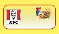 a kfc logo and a hamburger on a yellow background