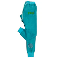 a teal sweatpants with a green logo on them