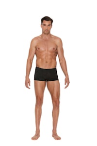a man in a black boxer short standing on a white background