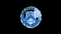 a blue logo on a black background