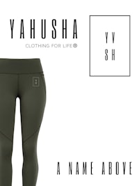 a pair of green leggings with the words yahusha on them