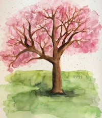 a watercolor painting of a pink cherry tree