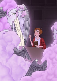 a man sits at a table in front of a group of angels