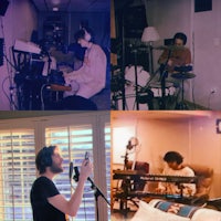 a collage of pictures of people in a recording studio