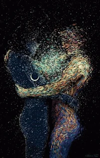 a painting of two people hugging in front of a starry sky