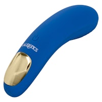 a blue and gold vibrator with a gold handle