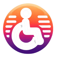 a disabled person in a wheelchair in an orange and purple circle