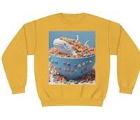a yellow sweatshirt with a shark in a bowl of cereal
