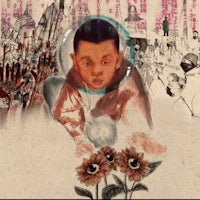 a drawing of a boy with flowers in front of him