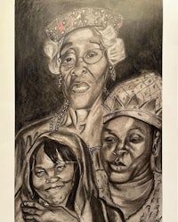 a drawing of a woman and two children