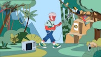 a cartoon of a man in a forest