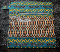 a bag with a blue and yellow pattern on it