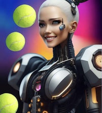 a robot woman with tennis balls in her hands