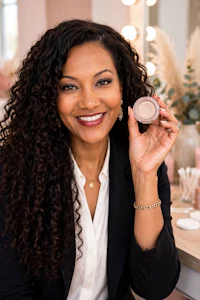 a woman with curly hair holding a compact in front of a mirror