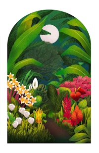 a colorful illustration of a jungle scene with plants and flowers