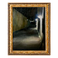 an oil painting of a dark alleyway