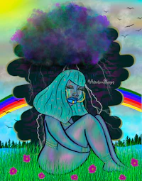 a girl sitting in the grass with a rainbow over her head