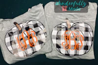 two plaid shirts with monogrammed pumpkins on them
