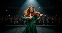 a woman in a green dress playing a violin in front of an audience