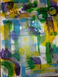 a painting with green, yellow and purple paint on it