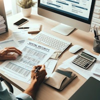 a man working at a desk with paperwork and a computer