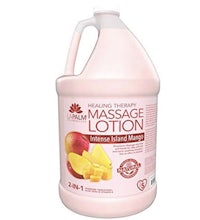 a gallon of massage lotion with mangoes on it