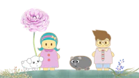 a cartoon family with a dog and a cat standing next to a flower