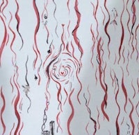 a drawing of red and white swirls on a white background