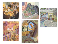 four paintings of a woman sitting in a chair