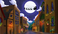 santa claus flying over a city with a full moon