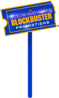 the blockbuster promotions logo on a blue stick