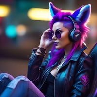 a girl with purple hair and headphones is sitting in a chair