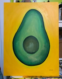 a painting of an avocado on a yellow background